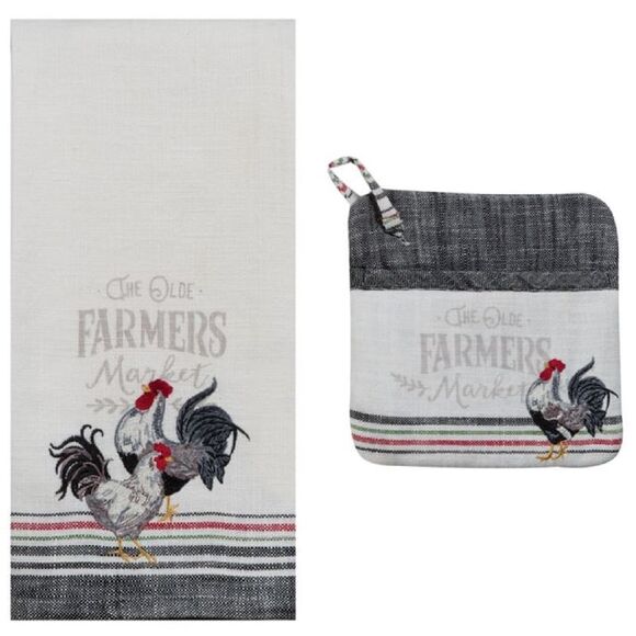 Kay Dee Other - Olde Farmers Market Rooster Hen Embroidered Kitchen Tea Towel Pocket Mitt Set